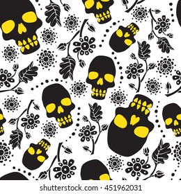 Black seamless pattern with flowers and skulls. White background. Stock vector illustration.