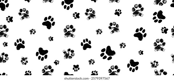 Black seamless pattern of footstep cat paws, cat, dog foot, animal. Animal step texture. Bear, panda, tiger grunge stamp repeat foot track wallpaper. Cartoon monochrome paw print seamless pattern.