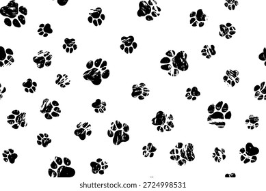 Black seamless pattern of footstep cat paws, cat, dog foot, animal.