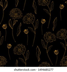Black seamless pattern with gold flowers calendula. Outline drawing. Monochrome background for textile, wallpapers, print, packaging design, wrapping paper. Vector.