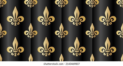 black seamless pattern, gold lily flower heraldic symbol, vector illustration 
