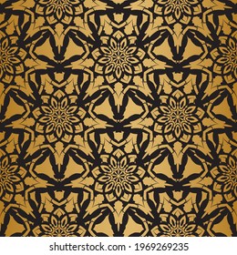 Schwarzes, nahtloses Muster mit goldenen Ornamenten. Gut für Bekleidung und Textilien. Vektorgrafik.