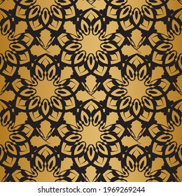 Black seamless pattern with gold ornaments. Good for clothing, textiles, backgrounds and prints. Vector illustration.