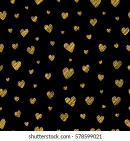 Black seamless pattern with golden hatching hearts.