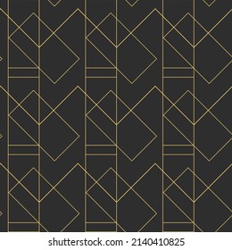 Black seamless pattern with golden lines. Rectangular geometric shapes. Art deco design. Minimal abstract print. Editable stroke. Vector stock illustration