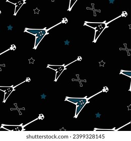 Black Seamless pattern Guitar with blue and white Stars. Black and blue Electric Guitar with skull and crossed bones.Rock Elements.Fabric Background 