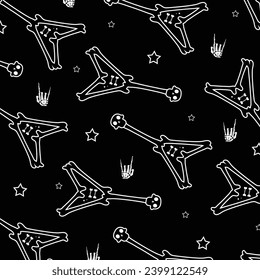 Black Seamless pattern Guitar and Stars.Pattern Rock Sign.White on Black.Electric Guitar with skull.Rock Elements.Fabric Background 