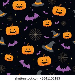 black seamless pattern for halloween with pumpkins, spider webs, and witch hats
