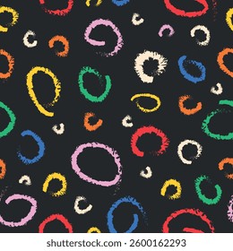 Black seamless pattern with hand drawn naive circles in the doodle style. Easter background