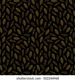Black seamless pattern with hand drawn golden boho feathers.