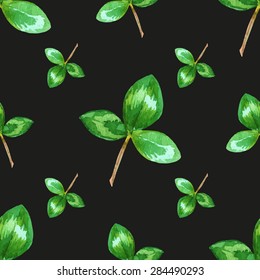 black seamless pattern with hand-drawn watercolor little and big trefoil
