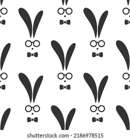 black seamless pattern with hipster rabbit with glasses and gentleman bow tie. Graphic gentleman rabbit print. Retro party ornament on white background. Vector wallpaper