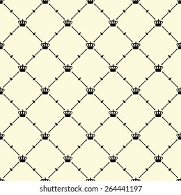 Black seamless pattern with king crown symbol on beige, 10eps.