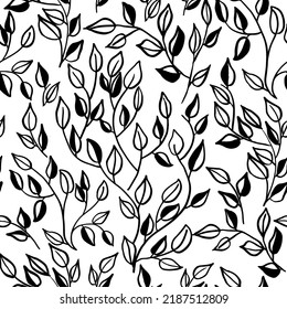 Black seamless pattern with leaves in modern style. Garden botanical wallpaper. Trendy decorative design. Spring, summer garden.  Abstract nature background.
