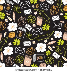 black seamless pattern with letters and books