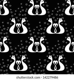 black seamless pattern with love white cats and heart