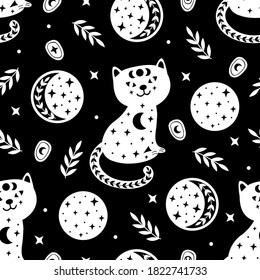 black seamless pattern with magic cat and moon
