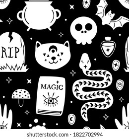  black seamless pattern with magic design elements 

