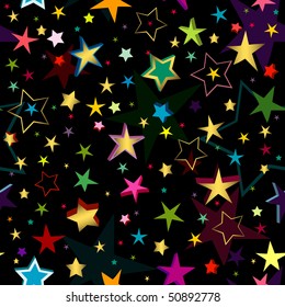 Black seamless pattern of a maze of golden and colorful stars (vector)