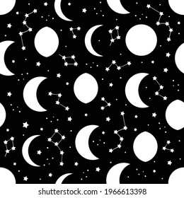 
black seamless pattern with moon phase and stars