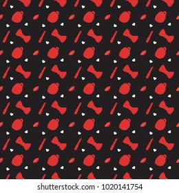 Black seamless pattern with mugs, bows, lipsticks and hearts.