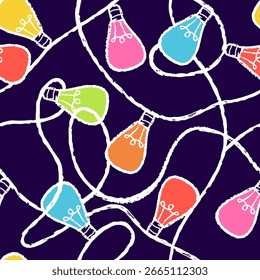 Black seamless pattern with multicolor loops light bulbs garland. Vector pencil or chalk hand drawn background with christmas lights. Stylish textile print, holiday wrapping paper design