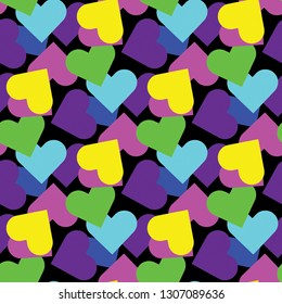 Black seamless pattern with multicolored hearts: yellow, pink, blue, violet, green