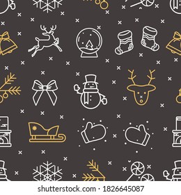 Black seamless pattern from new year icons. Christmas background. Christmas traditional symbols. Reindeer, snowman, winter sled and snowflakes.