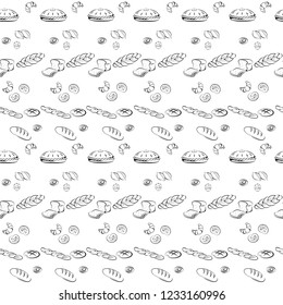 Black seamless pattern on white background with a variety of bakery products. Loaf of bread, bagel, baguette, croissant, pies and muffin. 