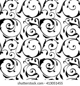 Black seamless pattern on white background. Black silhouette isolated on white background.