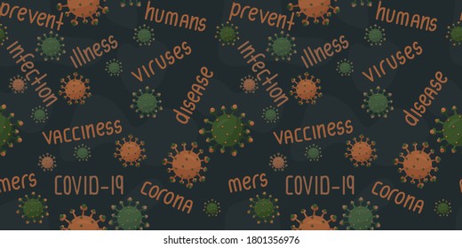 Black seamless pattern with orange and green viruses or coronaviruses with text (vacciness, humans, disease, infection, prevent, illness, mers, covid-19)