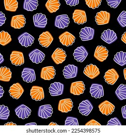 Black seamless pattern with orange and purple seashell