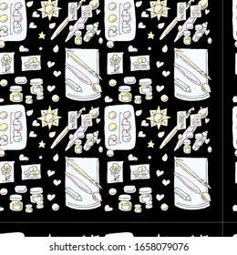 Black seamless pattern. Paints and pictures, brushes and album, star, drop and heart.