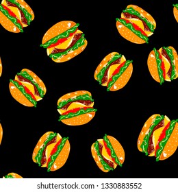 Black seamless pattern with realistic burgers.  Classic burger with multiple layers. Chopped tomato, salad, cheese, meat, sesame bun. Fast food pattern for design, wrapping paper, fabric, textile