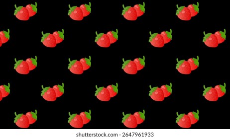 Padrão preto sem emenda com morango vermelho. Cerejas e folhas verdes. Projeto vetorial bagas doces como papel de parede