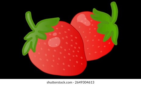 Black seamless pattern with red strawberry. Background red cherries and green leaves. Vector design sweet berries as wallpaper