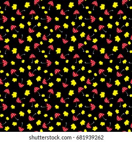 black seamless pattern with red umbrella and yellow leaf. vector