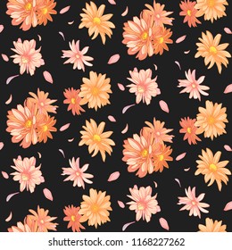 Black seamless pattern with rose and pastel orange chrysantemum.Handdrawn sketch flower. Vector illustration .Cute textile pattern
