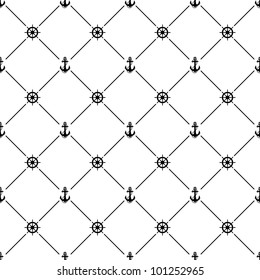 Black seamless pattern with ships wheel and anchor symbol, 10eps.