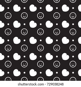 Black seamless pattern with smiles and hearts.