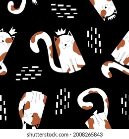 Black seamless pattern of spotted cats sitting, with cute crowns. Kittens print, cute pets. Cats with red, brown spots on black background, baby pattern, kittens children's print with sticks or strips