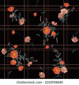 A black seamless pattern spring branch delicate and beautiful wild blooming flowers vector pattern with dark check or grid check for fashion ,wallpaper ,book ETC