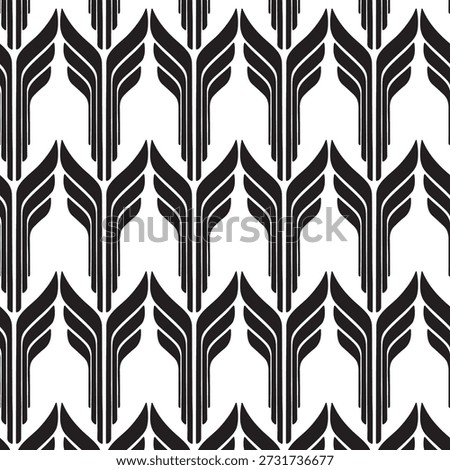 Black seamless pattern of stylized feather motifs with zigzag plumes in repeating geometric arrangement, abstract vector texture.