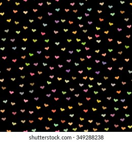 Black seamless pattern with tiny colorful hearts. Abstract repeating. Cute backdrop. Dark background. Template for Valentine's, Mother's Day, wedding, scrapbook, surface textures. Vector illustration.