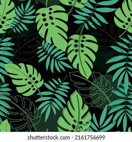 Black seamless pattern with tropical leaves