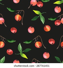 black seamless pattern with watercolor berry and berry on the branch