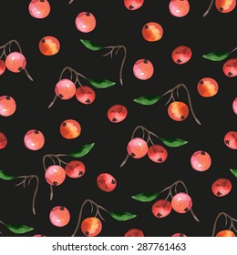 black seamless pattern with watercolor berry on the branch