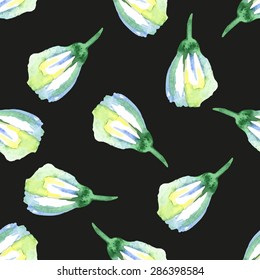 black seamless pattern with watercolor bud camomile