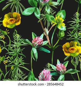 black seamless pattern with watercolor hand drawn wildflowers