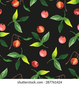 black seamless pattern with watercolor leaf and berry on the branch